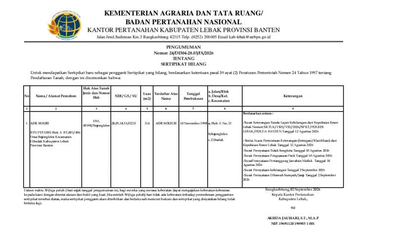 PENGUMUMAN KEHILANGAN SERTIFIKAT TANAH